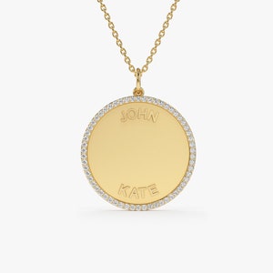 Personalized Diamond Medallion Necklace, 14K Gold Custom Name Disc Pendant, Gold Coin Charm Pendant, Personalized Diamond Necklace for Her