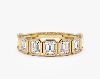 Half Eternity Wedding Band, 1.45 ctw 14k Gold Bezel Setting Seven Stone Emerald Cut Lab Grown Diamond Wedding Ring, Unique Stacking, Zoey