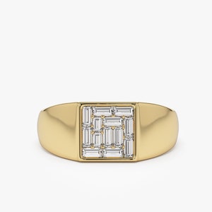 14K Gold Pinky Ring, Baguette Diamond Promise Ring, Square Illusion Setting Minimalist Signet Band, Solid Gold Ring