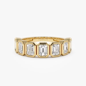 Half Eternity Wedding Band, 1.45 ctw 14k Gold Bezel Setting Seven Stone Emerald Cut Lab Grown Diamond Wedding Ring, Unique Stacking, Zoey