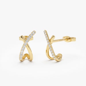 Diamond Earrings, 14K Gold Crossover Diamond Huggie J-Hoop Stud Earrings For Women, Minimalist Pave Diamond Criss Cross Everyday Studs