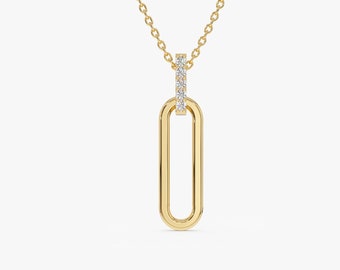 Diamond Necklace, 14k Gold Paper Clip Link Pendant Necklace, Layering Paper Clip Necklace, Trendy Diamond Charm Necklace, Everyday Necklace