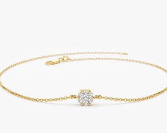 Diamond Bracelet, 14k Gold Round Illusion Setting Solitaire Diamond Bracelet, Stacking Layering Chain Diamond Bracelet for Everyday Wear