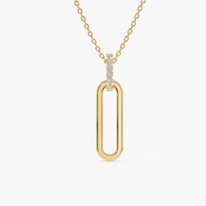 Diamond Necklace, 14k Gold Paper Clip Link Pendant Necklace, Layering Paper Clip Necklace, Trendy Diamond Charm Necklace, Everyday Necklace