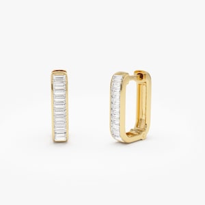Baguette Diamond Huggies Earrings, 14K Gold 0.45 ctw Baguette Elegant Huggies, Dainty Earrings For Everyday, Best Anniversary Birthday Gift