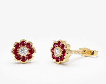 Ruby Earrings, 14k Gold Ruby Flower Studs with Diamond Center, Dainty July Birthstone Ruby Earrings Gift for Her, Elegant Statement Jewelry