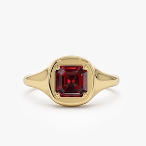 Asscher Cut Garnet Signet Ring, 14K Solid Gold 1.35 ctw 6MM Octagon Shape Dainty Statement Ring, Minimalist Handmade Solitaire Promise Ring
