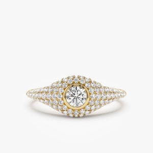 14K Round Signet Ring, Unique Chunky Statement ring, Solid Gold Pave Setting and Bezel Diamond ring, Womens Round Diamond Pinky Ring