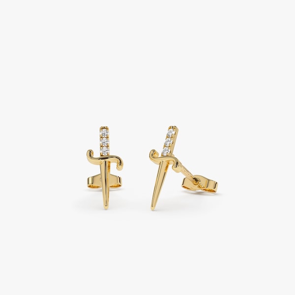 Diamond Dagger Stud Earrings in 14k Solid Gold / Sword earrings / Mini Dagger Studs / Dagger Earrings / Mini Gold Studs Rose Gold White Gold