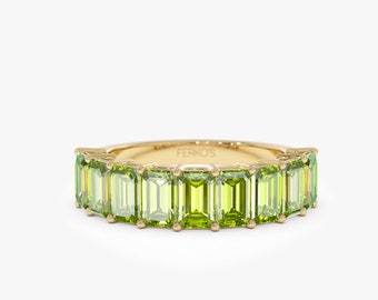 14k Solid Gold Emerald Cut Nine Stone Natural Peridot Ring, August Birthstone Push Present Ring, 5x3MM Half Eternity Peridot Ring