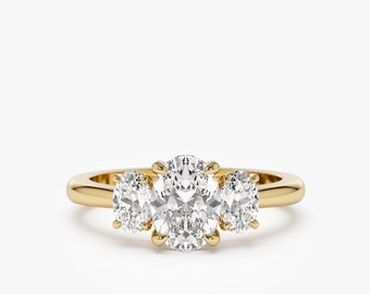 Engagement Ring Oval Shape, 1.50 ctw 14k Gold Oval Shape Lab-Grown Diamond Three Stone Engagement Ring, Minimalist Wedding Ring, Serena