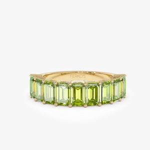 14k Solid Gold Emerald Cut Nine Stone Natural Peridot Ring, August Birthstone Push Present Ring, 5x3MM Half Eternity Peridot Ring