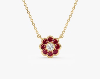 Ruby Necklace, 14k Gold Ruby Flower Necklace with Diamond Center, Dainty July Birthstone Ruby Necklace Gift for Her, Gift Idea For Grad
