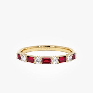 Ruby Diamond Ring, 14k Gold Baguette Ruby and Round Diamond Band, Minimalist Stackable Ring, July Birthstone Jewelry Gift for Her