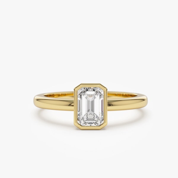 Engagement Ring Oval Shape, 0.75 - 1.50 ctw 14k Gold Bezel Setting Emerald Cut Lab Grown Diamond Engagement Ring, Dainty Wedding Ring, Anna