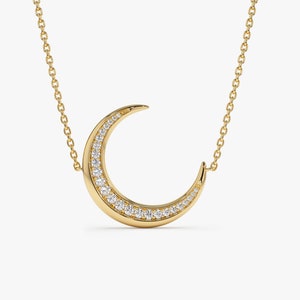 Diamond Crescent Moon Necklace, 14K Gold 0.25 ctw Minimalist Layering Diamond Necklace, Dainty Statement Pendant, Birthday Gift for Her