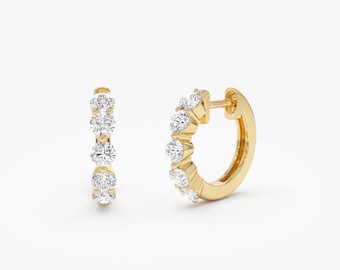 Round Diamond Huggie Hoop Earrings, 14K Solid Gold Mini Hoops, 0.80 ctw Round Genuine Diamond Huggies,  Dainty Diamond Hoops Birthday Gift