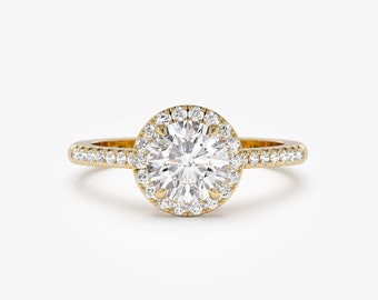 Round Cut Engagement Ring, 1.25 ctw 14K Gold Halo Setting Round Brilliant Lab Grown Diamond Engagement Ring, Minimalist Wedding Ring, Aria