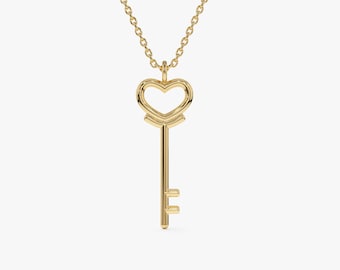 Heart Key 14k Solid Gold Necklace for Women, Dainty Gold Heart Key Minimalist Pendant, Heart Key Charm Necklace Great for Anniversary Gift