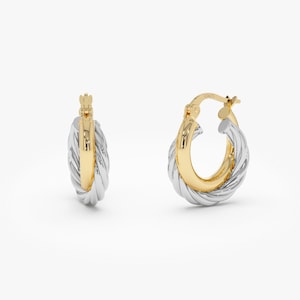 Two-Tone Hoop Earrings, 14k Gold and White Gold Twisted Hoops, Chunky Gold Hoops, Elegant Statement Earrings, Classic Jewelry Gift for Her