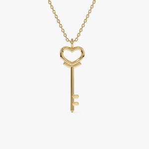 Heart Key 14k Solid Gold Necklace for Women, Dainty Gold Heart Key Minimalist Pendant, Heart Key Charm Necklace Great for Anniversary Gift