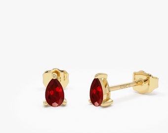 Ruby Teardrop Studs, 14K Solid Gold Pear Shaped Natural Ruby Earrings, Minimalist Solitaire July Birthstone Earrings, Birthday Gift For Her