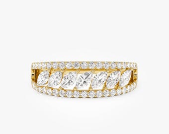 Marquise and Round Diamond Ring, 14K Yellow Gold Wide Band, Statement Diamond Cocktail Ring, Double Row Diamond Ring, Bold Gold Jewelry