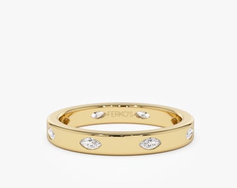 14k Gold Marquise Shape Full Eternity Flush Setting Diamond Wedding Ring, Marquise Diamond Stacking Ring, Statement Diamond Ring For Women