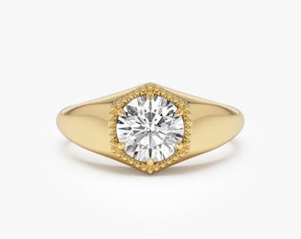 14k Gold Hexagon Lab Diamond Signet Ring, Modern Statement