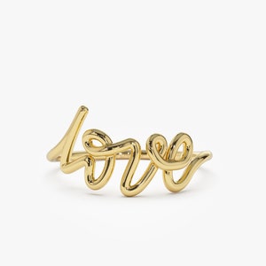 Script Love Ring, 14K Solid Gold Stackable Ring, Minimalist Statement Ring, Dainty Cursive Letter Ring, Gift For Girlfriend, Birthday Gift
