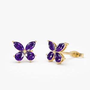Amethyst Butterfly Earrings, 14K Solid Gold 1.15ctw Marquise & Pear Shape Amethyst Birthstone Earrings, Minimalist Best Birthday Gift