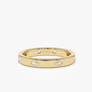 14k Gold Marquise Shape Full Eternity Flush Setting Diamond Wedding Ring, Marquise Diamond Stacking Ring, Statement Diamond Ring For Women