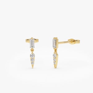 ゴールド ダングル スパイク イヤリング、14K ダイヤモンド スパイク イヤリング、バゲット ドロップ スタッド、プッシュ バック バゲットとラウンド ダイヤモンド イヤリング