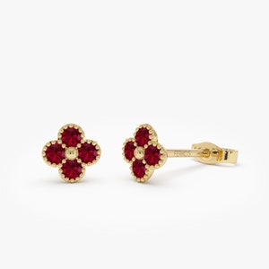 Ruby Clover Studs, 14K Solid Gold Ruby Flower Clover Stud Earrings, Dainty Ruby Studs, Elegant Gold Ruby Clover Earrings, Cute Stud Earrings