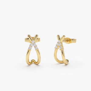 14k Gold Diamond Earrings, 14k Gold Criss Cross Half Hoop Diamond Stud Earrings, Dainty Diamond Earrings, Bridal Gift, Last Minute Gift Idea