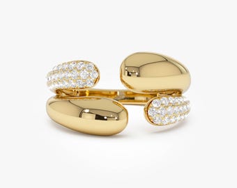 14K Gold Diamond Cocktail Ring, Modern Sculptural Jewelry