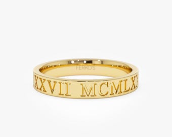 Anel personalizado com numerais romanos, em ouro maciço 14k com data gravada em numerais romanos, anel de ouro personalizado, joia significativa para presente, presente de aniversário.