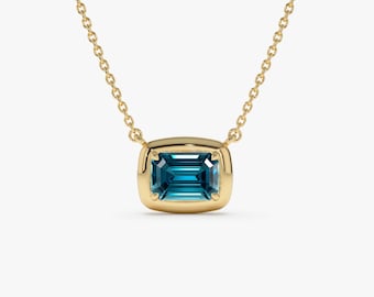 14K Gelbgold London Blautopas Halskette, Anhänger im Smaragdschliff