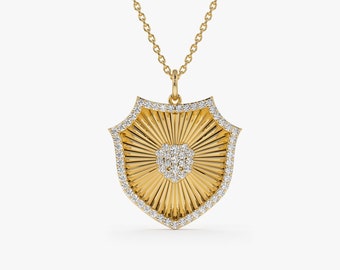 Diamond Charm  / 14k Gold Diamond Shield Medallion Pendant / Sunburst Armor Badge Pendant Necklace by Ferkos Fine Jewelry