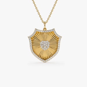 Diamond Charm  / 14k Gold Diamond Shield Medallion Pendant / Sunburst Armor Badge Pendant Necklace by Ferkos Fine Jewelry