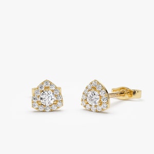 Diamond Studs, 14k Gold Triangle Halo Setting Diamond Studs, Petite Diamond Earrings, Triangle Diamond Earrings, Best Friend Gift Ideas
