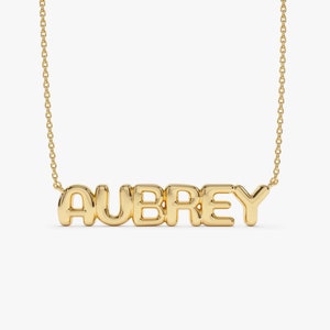 Collar con nombre de burbuja, collar con nombre de globo personalizado en oro macizo de 14 quilates, delicado collar con nombre con letras 3D hecho a medida, el mejor regalo de cumpleaños