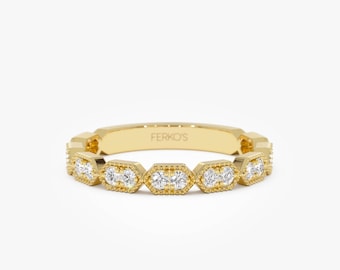 14K Gold Octagon Diamond Stacking Ring, Geometric Wedding Band