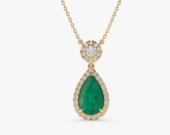 Statement Emerald Necklace,  2.00 Carat Teardrop Emerald and Diamond Necklace in Halo Setting 14k Gold, Unique Pear Shape Emerald Necklace