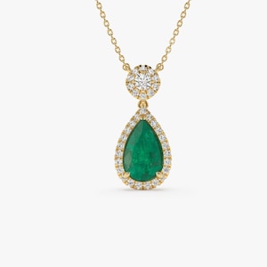Collar llamativo con esmeraldas, collar con diamantes y esmeraldas en forma de lágrima de 2,00 quilates en engaste de halo en oro de 14 k, collar exclusivo con esmeraldas en forma de pera