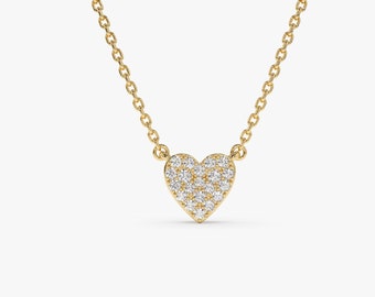 Collar de diamantes en forma de corazón en oro de 14 quilates, collar de diamantes en forma de corazón diminuto de 14 quilates, regalo de cumpleaños para ella, collar de amor delicado, regalo de graduación