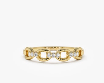 Diamond Link Ring / 14K Gold Round Cut Diamond / Cable Chain Link / Wedding Ring With Pave Diamond For Women / Birthday Gift Ring