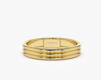 14k Gold Wedding Band / 3.5MM Gold Multi Lined Wedding Ring For Women / Simple Stackable 14K Gold Ring  / Gift For Women