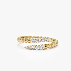 14k Gold Beaded Diamond Crossover Ring, Diamond Wrap Ring, Trendy Beaded Gold Diamond Spiral Ring, Cross over Beaded Diamond Ring