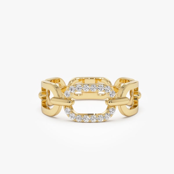 14k Gold Diamant Kettenring, Kettengliedring, Diamant Schnalle Ring, Diamant, Stapelring, Mode-Cocktail-Ring